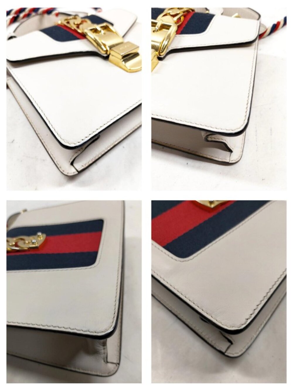 Authentic Gucci Sylvie Mini Top Handle White Leather Web Stripe Chain Crossbody - Picture 7 of 16